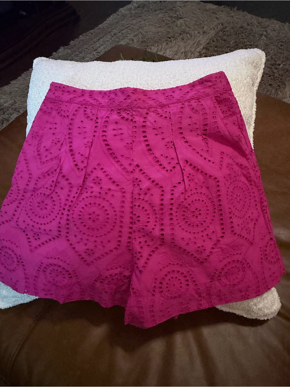 Sezane Fuchsia Eyelet High-Waist Shorts